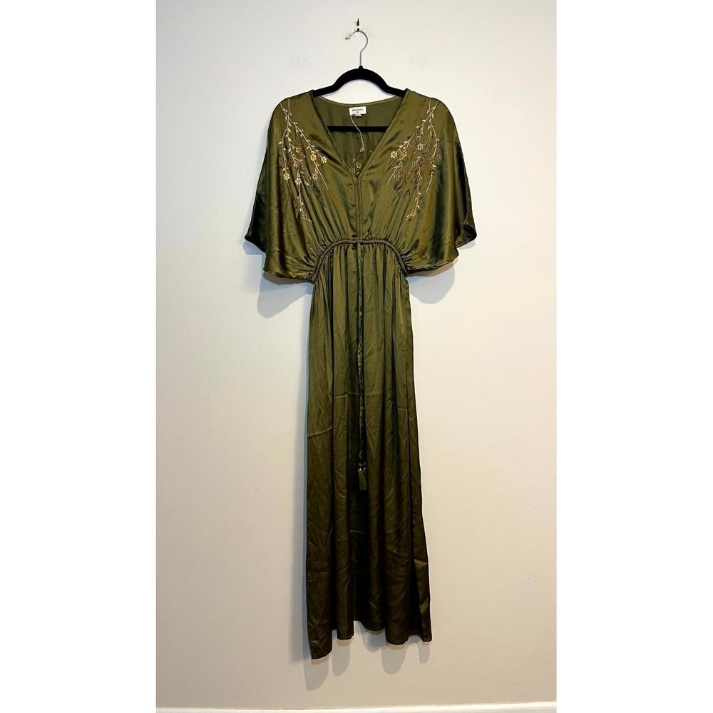 World Market Maxi Dress Olive Green Embroidered Satin Boho Women S/M